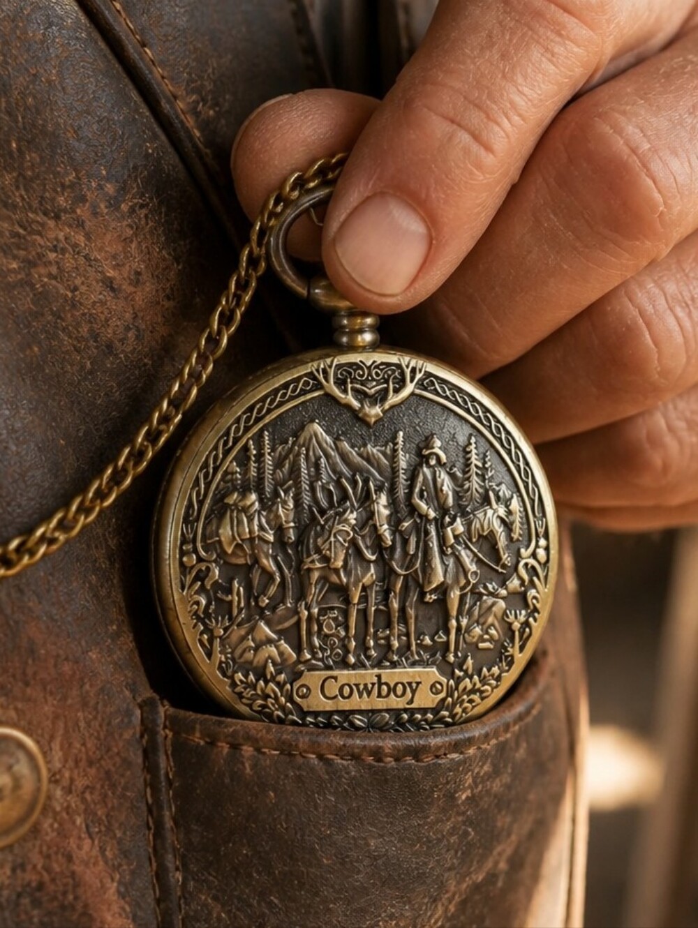 Cowboy Pocket Watch Chain Western Horse Rider Antique Bronze Rugged Rustic Gift